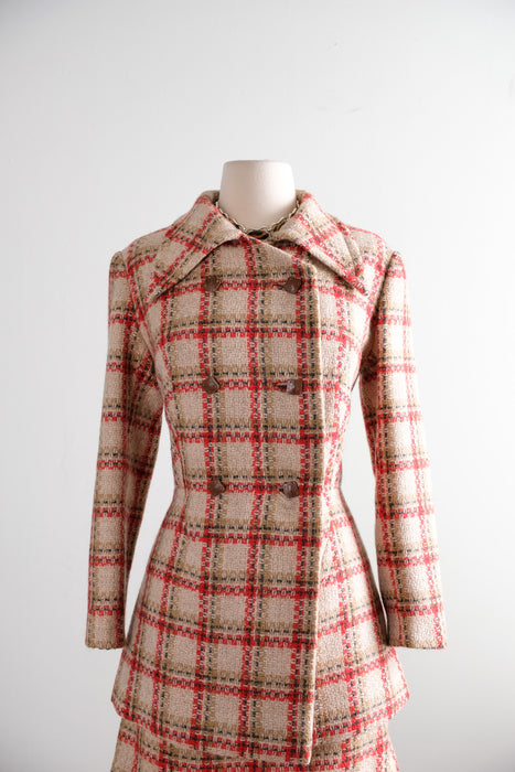 Vintage 1960's Red & Camel Plaid Wool Two Piece Suit / S
