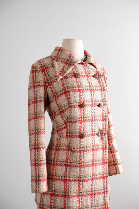 Vintage 1960's Red & Camel Plaid Wool Two Piece Suit / S
