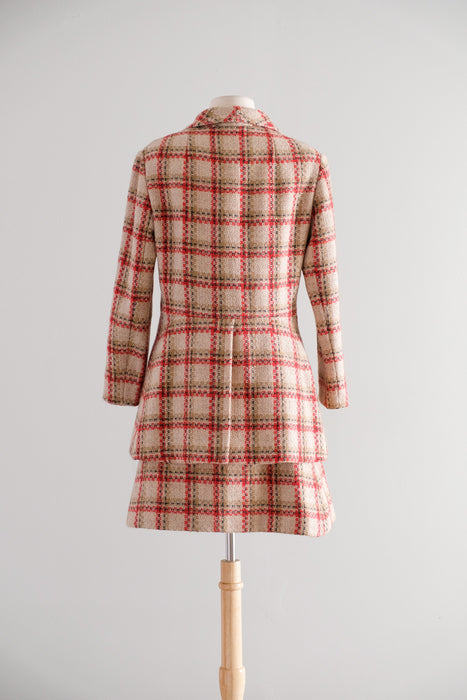 Vintage 1960's Red & Camel Plaid Wool Two Piece Suit / S