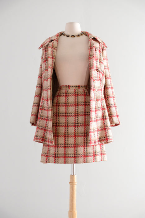 Vintage 1960's Red & Camel Plaid Wool Two Piece Suit / S