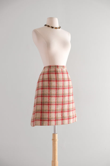 Vintage 1960's Red & Camel Plaid Wool Two Piece Suit / S