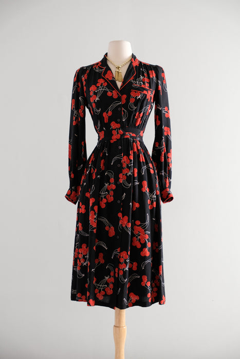 Vintage 1970's Sweet Cherry Rayon Day Dress by Sweet Jane / XS