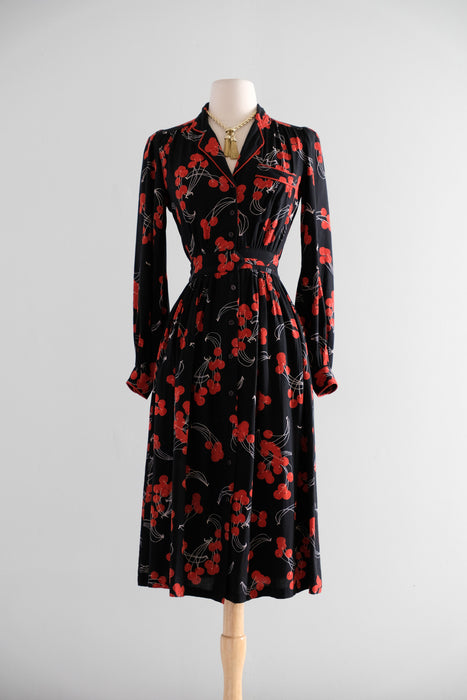 Vintage 1970's Sweet Cherry Rayon Day Dress by Sweet Jane / XS