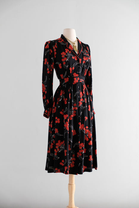 Vintage 1970's Sweet Cherry Rayon Day Dress by Sweet Jane / XS
