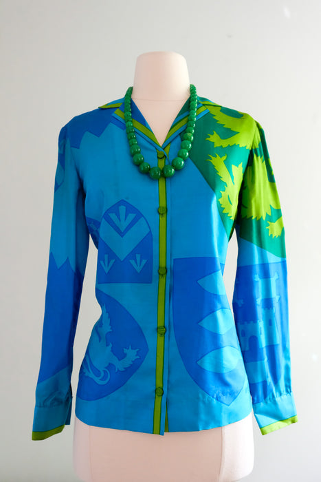 Regal 1960's Blue & Green Silk Blouse with Crest Print by Vera / Sz M