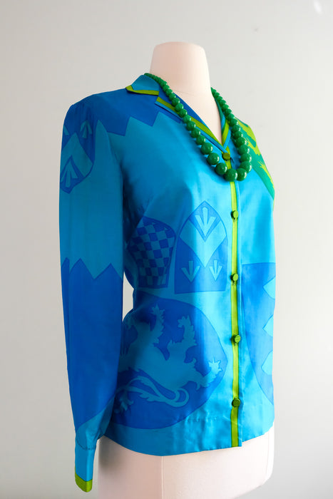 Regal 1960's Blue & Green Silk Blouse with Crest Print by Vera / Sz M