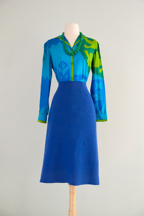 Regal 1960's Blue & Green Silk Blouse with Crest Print by Vera / Sz M