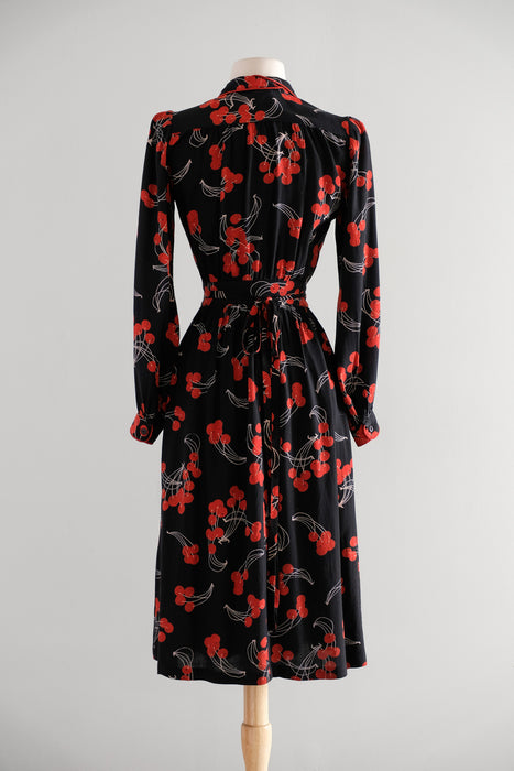 Vintage 1970's Sweet Cherry Rayon Day Dress by Sweet Jane / XS