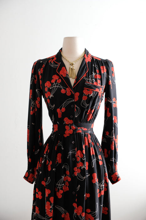 Vintage 1970's Sweet Cherry Rayon Day Dress by Sweet Jane / XS