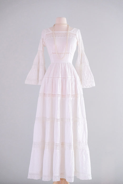 Dreamy 1970’s White Cotton Pintuck & Crochet Lace Mexican Wedding Gown with Train/ Sz SM