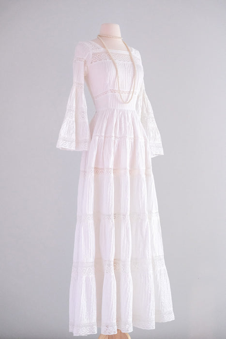 Dreamy 1970’s White Cotton Pintuck & Crochet Lace Mexican Wedding Gown with Train/ Sz SM