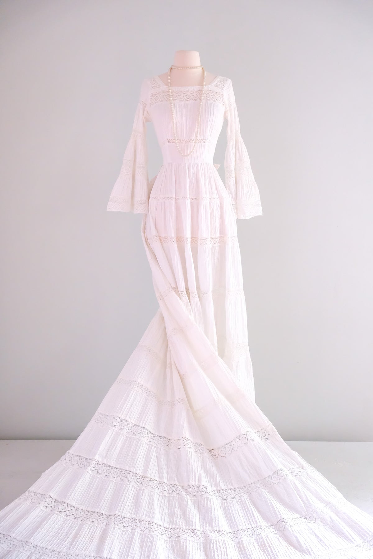 mexican cotton wedding dress Dreamy 1970's White Pintuck & Crochet Lace Gown – Xtabay Vintage The Eternabelle Please be sure to citrus green Lace Finish:Steam