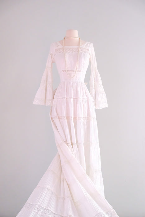 Dreamy 1970's White Cotton Pintuck & Crochet Lace Mexican Wedding Gown Xtabay Vintage Dreamy 1970's White Cotton Pintuck & Crochet Lace Mexican Wedding Gown Xtabay Vintage