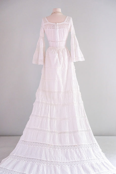 Dreamy 1970’s White Cotton Pintuck & Crochet Lace Mexican Wedding Gown with Train/ Sz SM