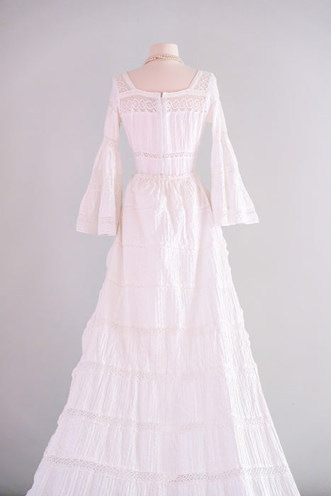 Dreamy 1970’s White Cotton Pintuck & Crochet Lace Mexican Wedding Gown with Train/ Sz SM