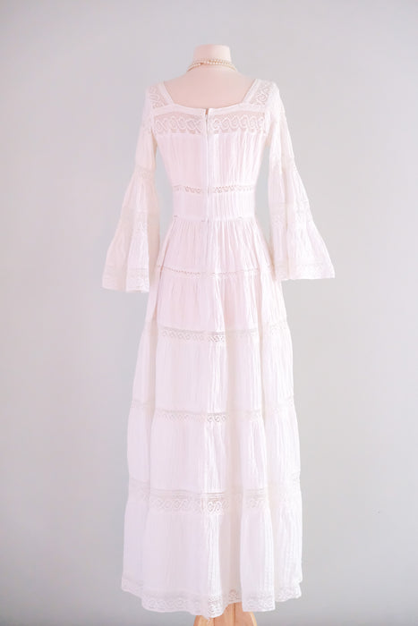 Dreamy 1970’s White Cotton Pintuck & Crochet Lace Mexican Wedding Gown with Train/ Sz SM