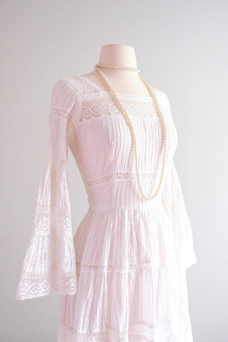 Dreamy 1970’s White Cotton Pintuck & Crochet Lace Mexican Wedding Gown with Train/ Sz SM