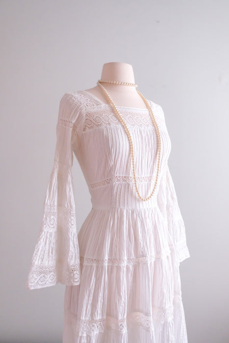 Dreamy 1970’s White Cotton Pintuck & Crochet Lace Mexican Wedding Gown with Train/ Sz SM