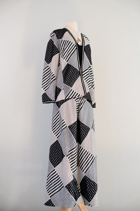 Vintage 1970's DISCO QUEEN Silver Lurex Plaid Palazzo Pants with Matching Jacket / M