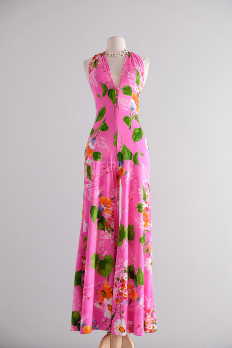 Shocking! 1970's Statement Pink Floral Halter Neck Jumpsuit by New Leaf / S