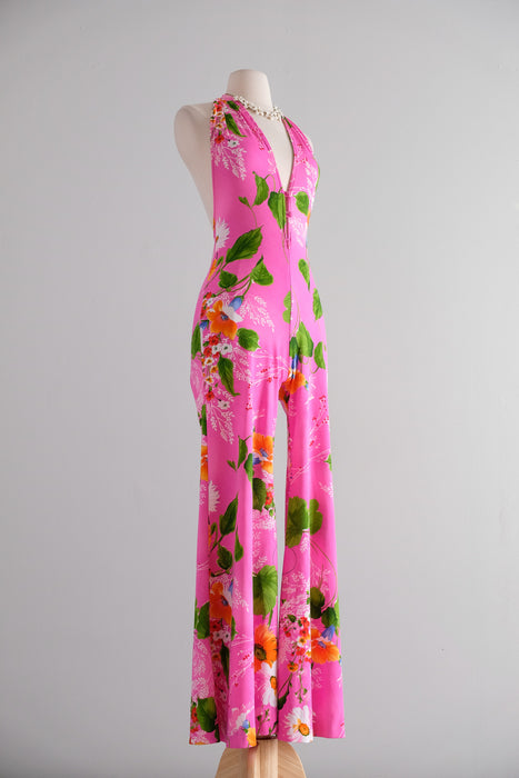 Shocking! 1970's Statement Pink Floral Halter Neck Jumpsuit by New Leaf / S