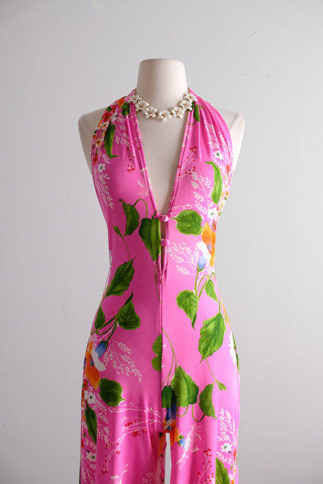 Shocking! 1970's Statement Pink Floral Halter Neck Jumpsuit by New Leaf / S