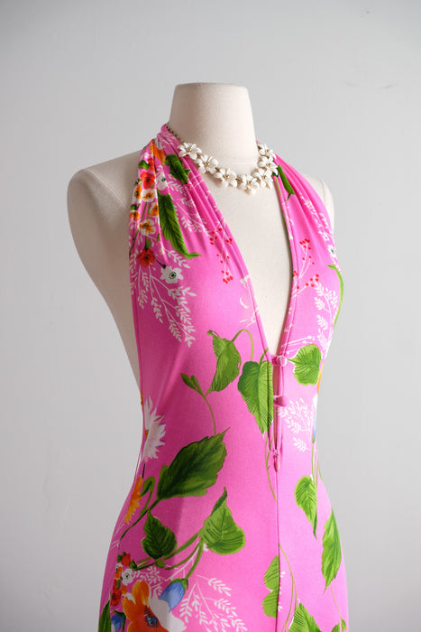 Shocking! 1970's Statement Pink Floral Halter Neck Jumpsuit by New Leaf / S