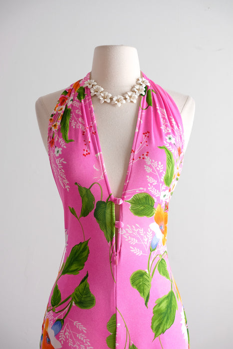 Shocking! 1970's Statement Pink Floral Halter Neck Jumpsuit by New Leaf / S