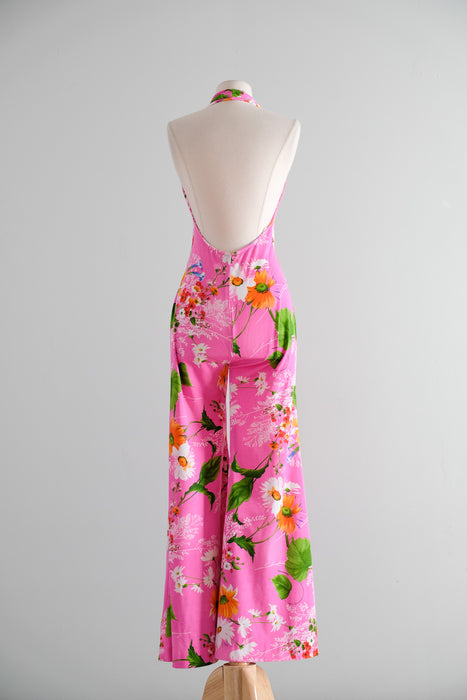 Shocking! 1970's Statement Pink Floral Halter Neck Jumpsuit by New Leaf / S