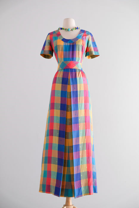 Fabulous Vintage 1960's Rainbow Silk Madras Plaid & Dotted Gown / S