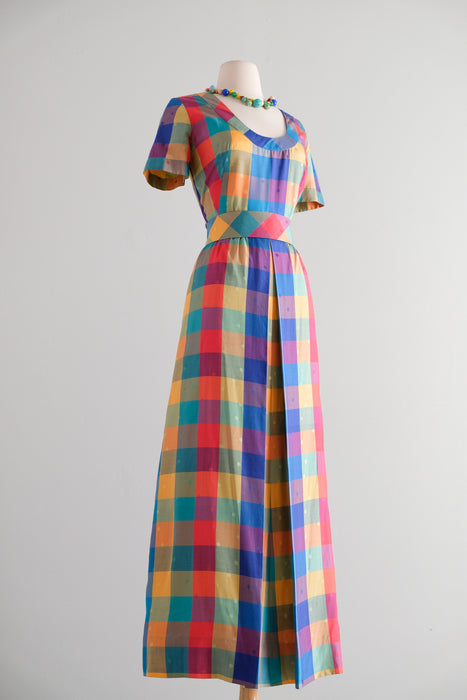Fabulous Vintage 1960's Rainbow Silk Madras Plaid & Dotted Gown / S
