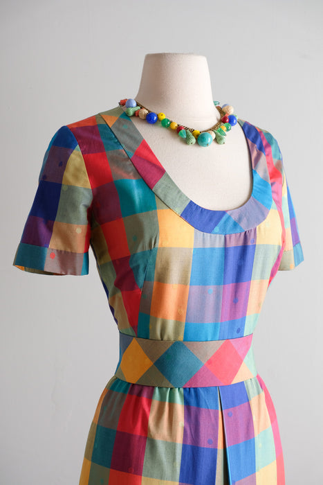 Fabulous Vintage 1960's Rainbow Silk Madras Plaid & Dotted Gown / S