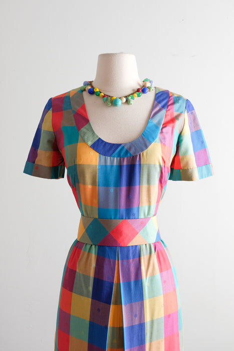 Fabulous Vintage 1960's Rainbow Silk Madras Plaid & Dotted Gown / S