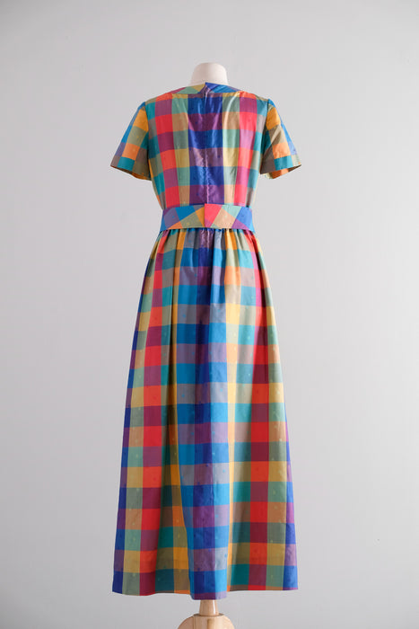 Fabulous Vintage 1960's Rainbow Silk Madras Plaid & Dotted Gown / S