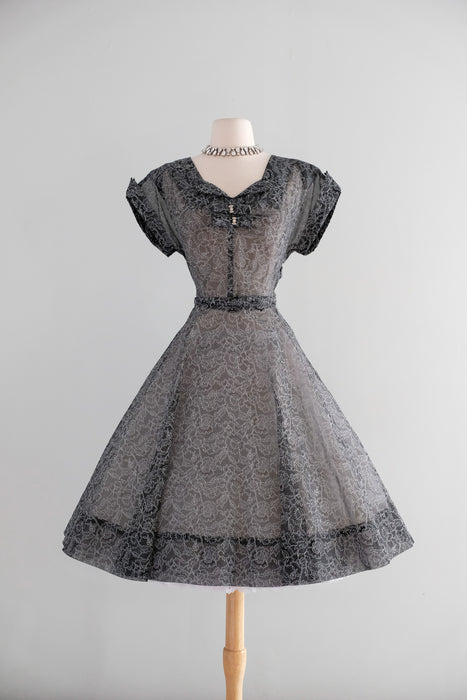 Vintage 1950's Sheer Nylon Printed Lace Party Dress / M