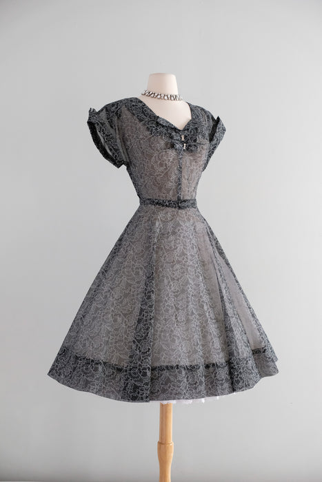 Vintage 1950's Sheer Nylon Printed Lace Party Dress / M