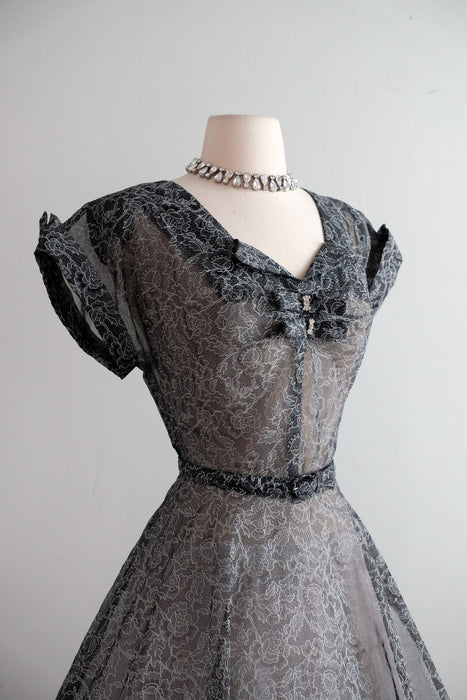 Vintage 1950's Sheer Nylon Printed Lace Party Dress / M