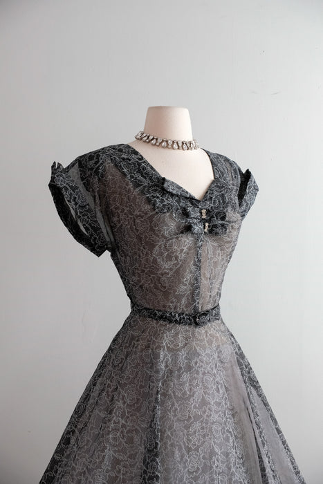 Vintage 1950's Sheer Nylon Printed Lace Party Dress / M