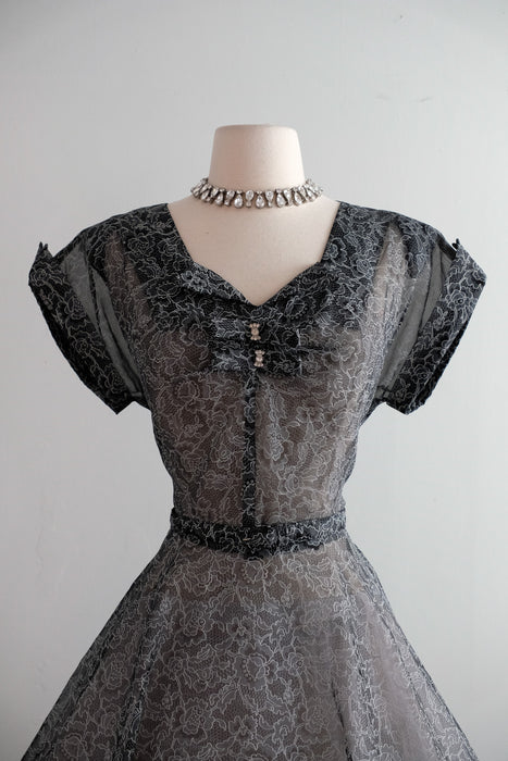 Vintage 1950's Sheer Nylon Printed Lace Party Dress / M