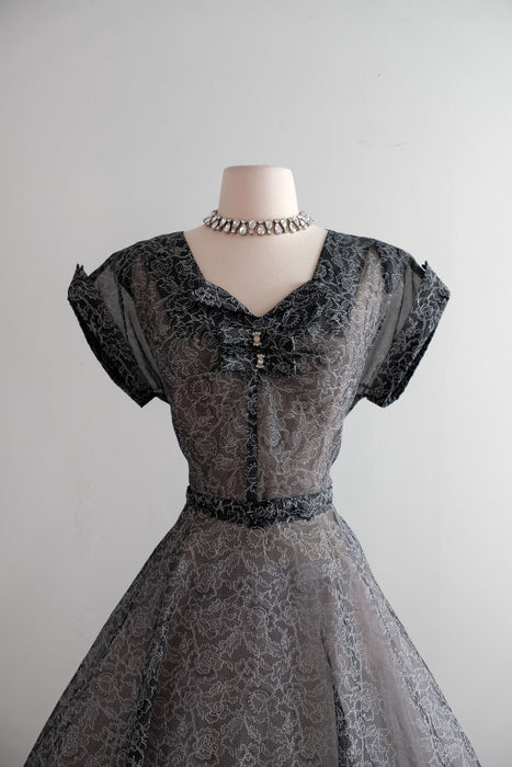 Vintage 1950's Sheer Nylon Printed Lace Party Dress / M