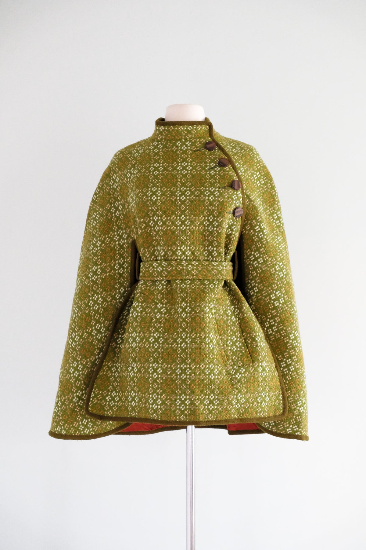 Vintage 1960's Moss Green Plaid Wool Cape by Welsh Woolens / OS