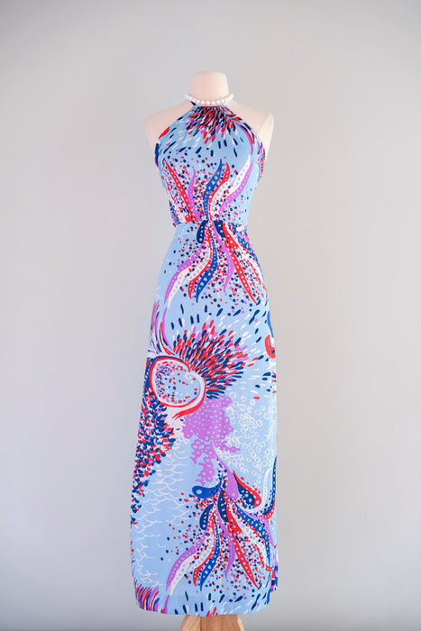 Spectacular 1970's Red, White, & Blue Abstract Halter Gown / Sz S