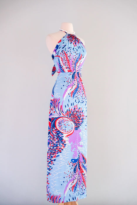 Spectacular 1970's Red, White, & Blue Abstract Halter Gown / Sz S