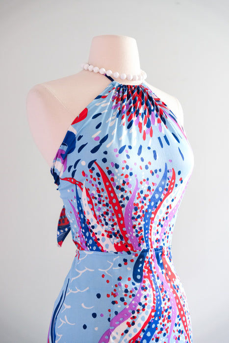 Spectacular 1970's Red, White, & Blue Abstract Halter Gown / Sz S