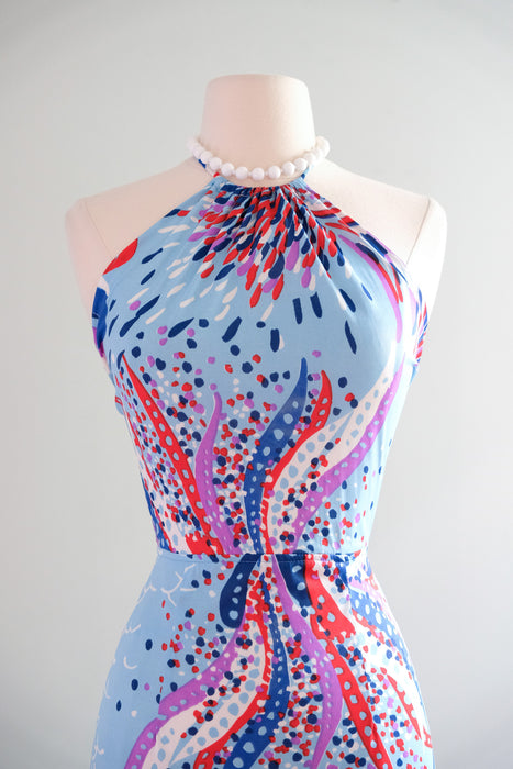 Spectacular 1970's Red, White, & Blue Abstract Halter Gown / Sz S