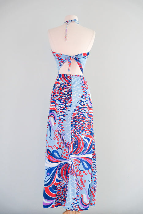 Spectacular 1970's Red, White, & Blue Abstract Halter Gown / Sz S