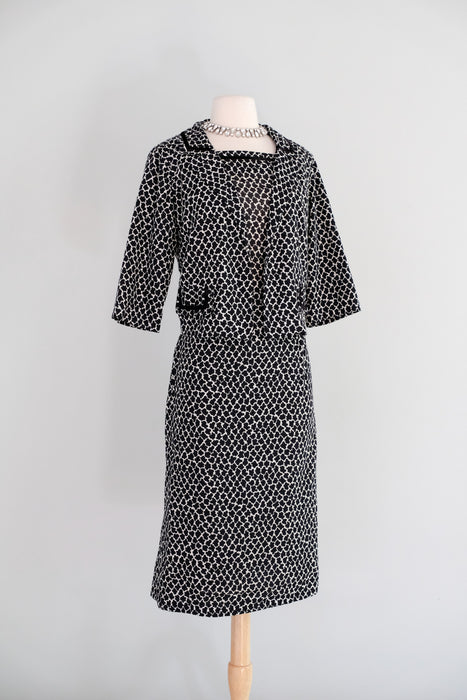 Vintage 1950's Black & White Cotton Wiggle Dress with Jacket by Paulette/ M