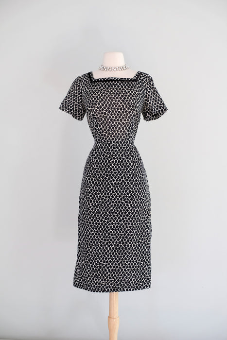 Vintage 1950's Black & White Cotton Wiggle Dress with Jacket by Paulette/ M