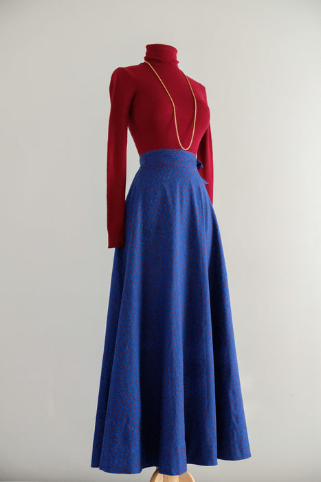 Vintage 1970's Blue & Red Contrast Paisley Print Skirt by Anne Klein / S