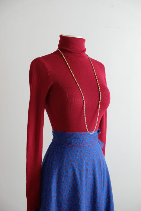 Vintage 1970's Crimson Red Wool Knit Turtleneck by Yves Saint Laurent / S